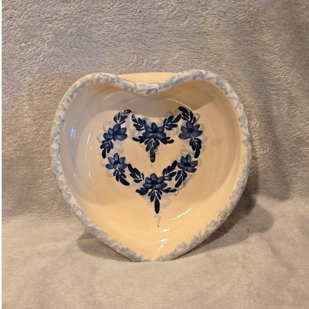 Vintage Marshall Pottery Heart Dish Marshall TX Blue Spongeware Floral Stoneware